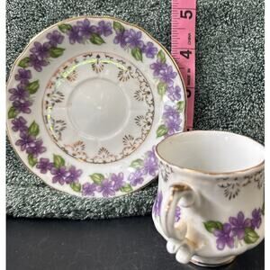 Vintage Inarco Japan Demitasse Cup And Saucer Set Violets Gold Accent